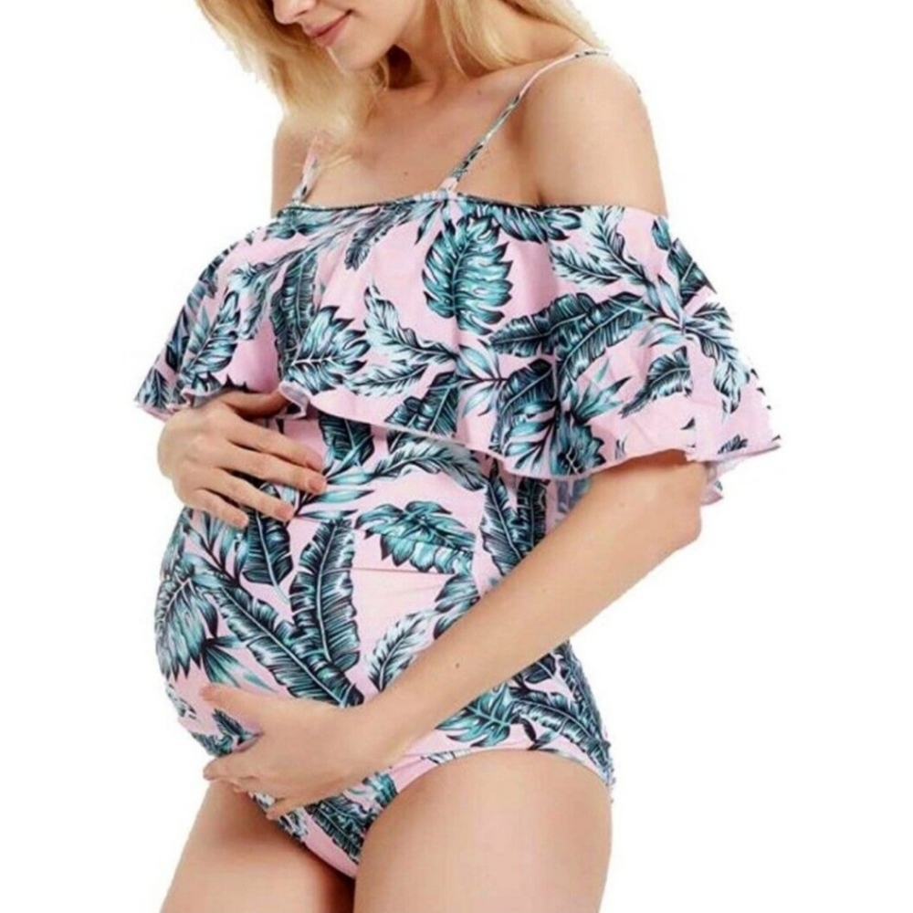 NWT maternity pink tropical one-piece swimsuit adjustable removable straps Lg